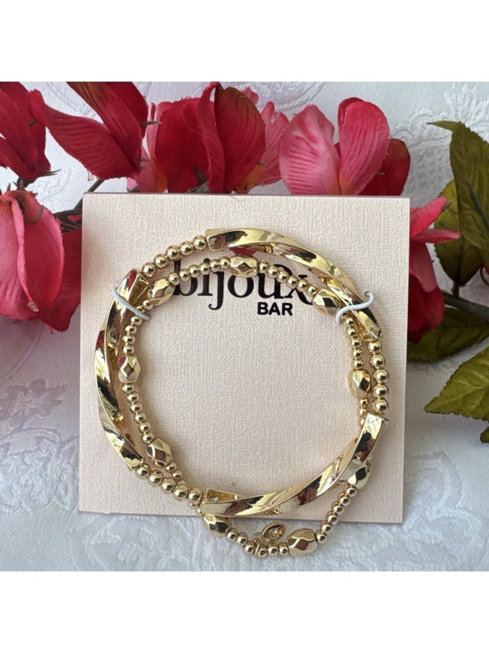 Bijoux Bar 2 Stacked Goldtone Charm Bead Slide Bracelet Feminine Summer NWT